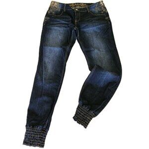 Desigual Jean Jogger Womens M Blue Embellished Embroidered Zip Fly Boho Whimsy
